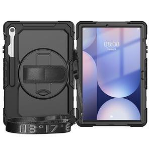 [미국배송] 삼성호환 삼성제품호환 S10 FE+ 13.1인치 SMX620/X626B 케이스와 호환되며 화면 보호 장치가 있는 헤비 듀티 충격 방지 낙하 케이스 회전 킥스탠드 + 핸들+스트랩 실리콘 커버(블랙)