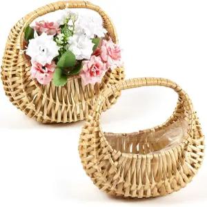 타이인 2팩 라탄 플라워 걸 바구니 반달 빨대 위커 손잡이 포함 6.7 x 6.5 4.3 웨딩 피크닉 정원 보관 및