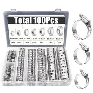 100PCS 스테인레스 스틸 호스 클램프 구색 키트 자동차 배관 용 스크루 드라이버 조정 가능 메탈 연료 라인