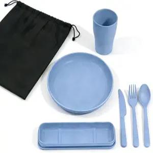 캠핑 조리 도구 접시 컵 숟가락 포크 나이프 및 휴대용 가방이 포함된 5피스 메시 키트 재사용 가능한 필수