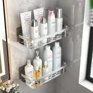 (색상 실버)무타공 일자 욕실 화장실 선반 세면대 접착식 타공 틈새 수납 정리 보관 거치대 샤워실 다용도