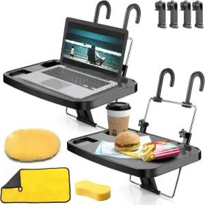 2팩 휴대용 접이식 카시트 백 트레이 식사 음료 노트북 스탠드 테이블용 스티어링 휠 트레이(블랙)