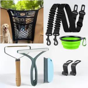 반려견 자동차 여행 키트 - 반려동물 안전벨트 2개 카넷 배리어 털 제거기 3개 접이식 물그릇 및