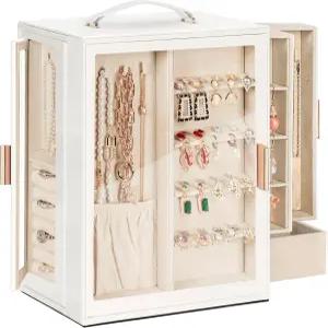 토리비오 여성용 대형 주얼리 박스 목걸이용 가죽 정리함 반지 귀걸이 선물 팔찌 보관함 서랍 포함