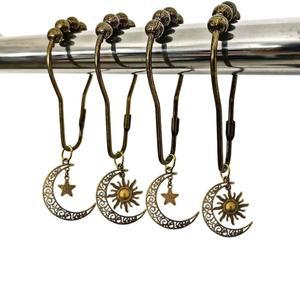 욕실 샤워봉을 위한 장식용 달 샤워 커튼 후크 - 빈티지 태양이 있는 녹슬지 않는 링 12종 세트 천체 고딕 신비 보호 테마 장식(브론즈)