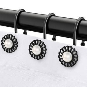 블랙 해바라기 샤워 커튼 링과 후크, 12개의 금속 후크 세트, 플로럴 펄 마감, 매트