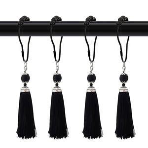 욕실 장식용 태슬 샤워 커튼 후크 - 방청 블랙 링 샤워봉 커튼, 침실, 거실(블랙)용 12개 세트 태슬이 포함된 스테인리스 스틸 금속