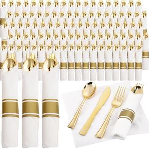 슈퍼날 120팩 골드 플라스틱 실버웨어 랩 식기 세트 냅킨, 미리 말린 세트, 할로윈 추수감사절 크리스마스를 위한 롤 일회용