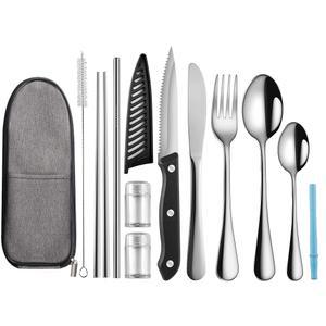 케이스가 있는 통나무 여행 도구, 재사용 가능한 휴대용 여행용 캠핑 식기 세트, 스테인리스 스틸 도시락 직장 학교 피크닉(시블러)