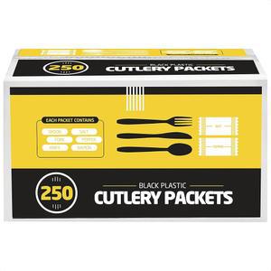 일회용 식기 250개 - 나이프, 포크, 숟가락, 냅킨, 소금, 후추 세트 | 블랙 & 실버 플라스틱 세트, 개별 포장 키트