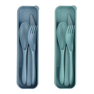 재사용 가능한 식기 세트 2개, 케이스 포함 휴대용 캠핑 포크 나이프 스푼 세트, 도시락용 밀짚 여행용 식기, 학교 점심 또는 일상용(초록, 파랑)