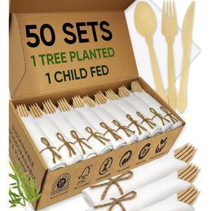 에코프렙스 럭셔리 프리롤 냅킨 및 대나무 커틀러 세트(50팩, 200개) 100% 생분해성, , 일회용 랩 - 프리랩 포크, 나이프, 스푼, 포함