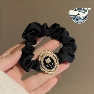 블랙 색상 새틴 장미 디자인 곱창밴드 머리띠 여성머리끈 새틴머리끈 포인트머리끈