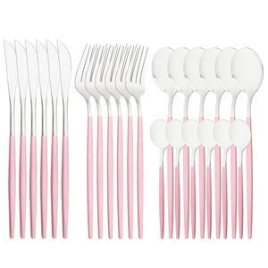 스플룸 미러 커틀러 서빙 세트, 24피스 18/0 스테인리스 스틸 실버웨어, 핑크 핸들 심플하고 모던한 식기 홈 파티 레스토랑 크리스마스 디너용, 6인용 서비스(핑크 실버)