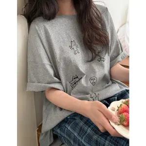 [공구우먼] [제작] 스크리블 리얼루즈핏 반팔 나염 티셔츠 87382 빅사이즈 여성의류