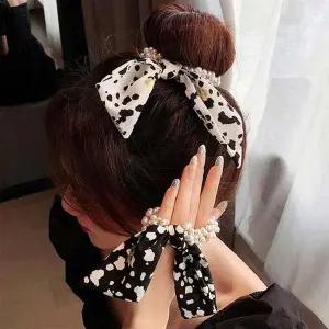 [콩심팥심]진주 얼룩무늬 편한 매듭 리본 머리끈