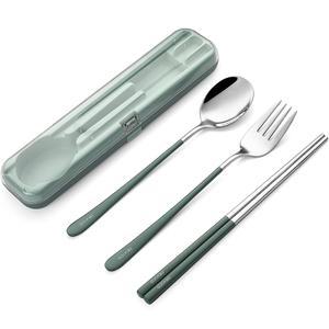 데비코 휴대용 식기, 여행용 재사용 가능한 실버웨어 플랫웨어 점심 세트, 18/8 스테인리스 스틸 4피스 캠핑 커틀러 케이스 포함 포크 스푼 젓가락(녹색)