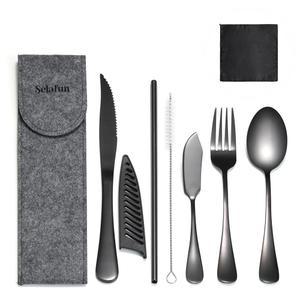 셀라펀 여행 도구 케이스 포함, 휴대용 여행용 실버웨어 세트 스테인리스 도시락 식기 작업, 캠핑, 피크닉, 하이킹, 사무실(블랙)