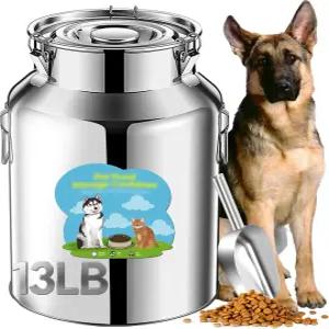 뉴겟 13파운드 스테인리스강 개 사료 보관 용기 밀폐형 걸이 뚜껑이 있는 금속 반려동물 음식을 신선하게