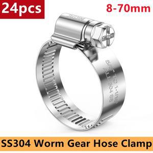 24pcs 304 스테인레스 스틸 클램프 웜 기어 드라이브 호스 조정 가능 금속 8-70mm 헤비 듀티 자동차 클립