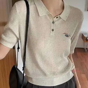 카라 레터링 여름 포인트 반팔니트 자수 골지 시스루opq194