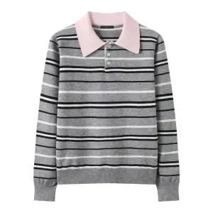 패션플러스 르샵 반버튼업 카라 배색 스트라이프 니트 DQ1KT001A 1209136