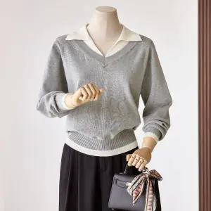 커스텀에이블 카라배색 V넥 긴팔니트 T2509KN120C1243965