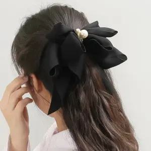 엔젤슈슈 나비 진주 자동 헤어핀 블랙 꼬리리본 리본핀 왕리본핀 리본머리핀