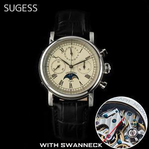 Sugess 남자 시계 ST1908 Swanneck 무브먼트 기계식 크로노 그래프 손목 호환 Moonphase Calendar 빈티지