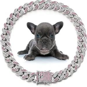 LEIFIDE 도그 체인 칼라 다이아몬드 링크 강아지 12mm 와이드 목걸이 메탈 캣 펫 크리스탈 소형 대형