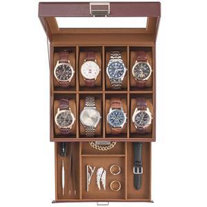 프로케이스 시계 케이스 유리 뚜껑이 있는 8 슬롯 남성 시계 상자 홀더 정리함 2겹 시계 디스플레이 케이스 서랍이 있는 남성 보석 상자 남성 위한 생일 발렌타인 선물 8 슬롯 에스프레소