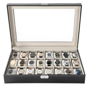 FLKQC 24 슬롯 시계 상자 시계 케이스 디스플레이 정리함 시계 디스플레이 케이스 유리탑 남성용 가죽 디스플레이 보관 컬렉션 정리함 탈착식 베개 보석 케이스