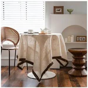 카키 태슬 아메리칸 리넨 솔리드 식탁보 140x300cm
