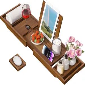 욕실용 나무 욕조 트레이 확장 가능한 티크 조절 액세서리 집들이 명절 생일 선물로 제공됩니다