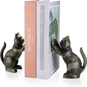 오가나지 2팩 고양이 장식 북엔드 포 선반 - 주철 책엔드 귀여운 개 홈 데코 헤비 듀티 스탠드 빈티지