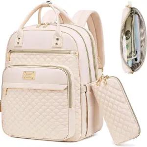 여성용 틸라리 노트북 백팩 직장용 15.6인치 방수 여행용 지갑이 있는 대학용 책가방 베이지