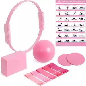 여성용 롱송 필라테스 키트 5개의 저항 밴드가 있는 13.7인치 실리콘 링 요가 볼 1개 블록 코어 슬라이더