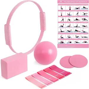 여성용 롱송 필라테스 키트 5개의 저항 밴드가 있는 13.7인치 실리콘 링 요가 볼 1개 블록 코어 슬라이더