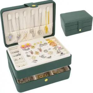 쿠치 작은 주얼리 박스 여행용 정리함 여성용 휴대용 반지 귀걸이 목걸이용 더블 레이어 PU 가죽 홀더-그린