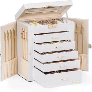 여성용 홈데 주얼리 박스 대형 반지 귀걸이 목걸이용 거울이 있는 6겹 5 서랍 정리함 - 잠금 장치가 보관
