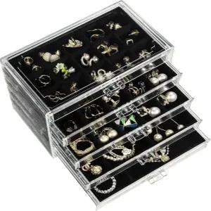 여성 및 소녀용 서랍 클리어 주얼리 박스 아크릴 귀걸이 홀더 정리함 반지 디스플레이 보관함 블랙