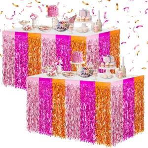 자르테나AMCS 메탈릭 틴셀 포일 프린지 테이블 스커트 라이트 핑크 핫 오렌지 웨이브 일회용 2Pcs 퍼레이드