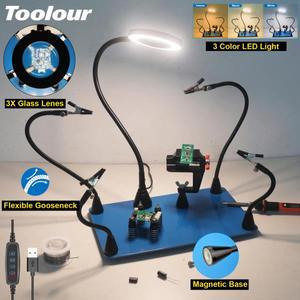 Toolour 납땜용 마그네틱 보조 도구, PCB 회로 기판 거치대, 3X LED 확대등 포함