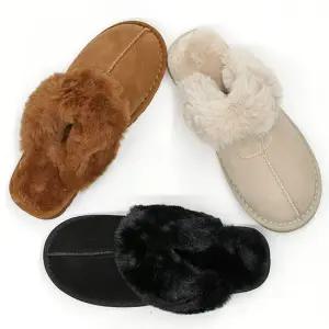 소가죽 방한 슬리퍼 내부 인조털 낮은굽 사무실 신발 겨울슬리퍼 여성털슬리퍼