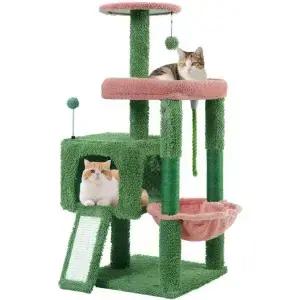 TWDEPART 37.5인치 올인원 캣 트리 타워 스크래치 보드 및 아늑한 수면 농어 해먹과 장난감 공 그린 게시물