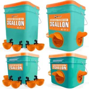 자동 치킨 공급기 및 급수기 세트 4 버킷/2-3 갤런 포트 컵 폐기물 방지 방수 가금류 작은 동물 피우기