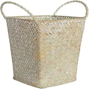 가정용 세탁실 장난감 및 간식 정리함을 위한 짚 직조 양귀 꽃바구니 4.72X4.72X6.29인치 휴대용 라탄 보관