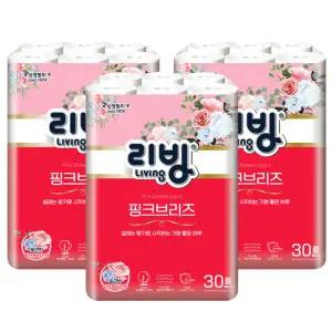 [신규출시]리빙 핑크브리즈 천연펄프 화장지 27M 30롤x3팩/휴지 두루마리
