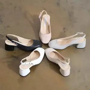 국산 가죽 스퀘어 베이직 슬링백 통굽 미들힐 5cm