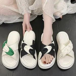 [하프클럽/] 꼬임 투톤 스트랩 통굽 샌들 슬리퍼(5cm)-6215